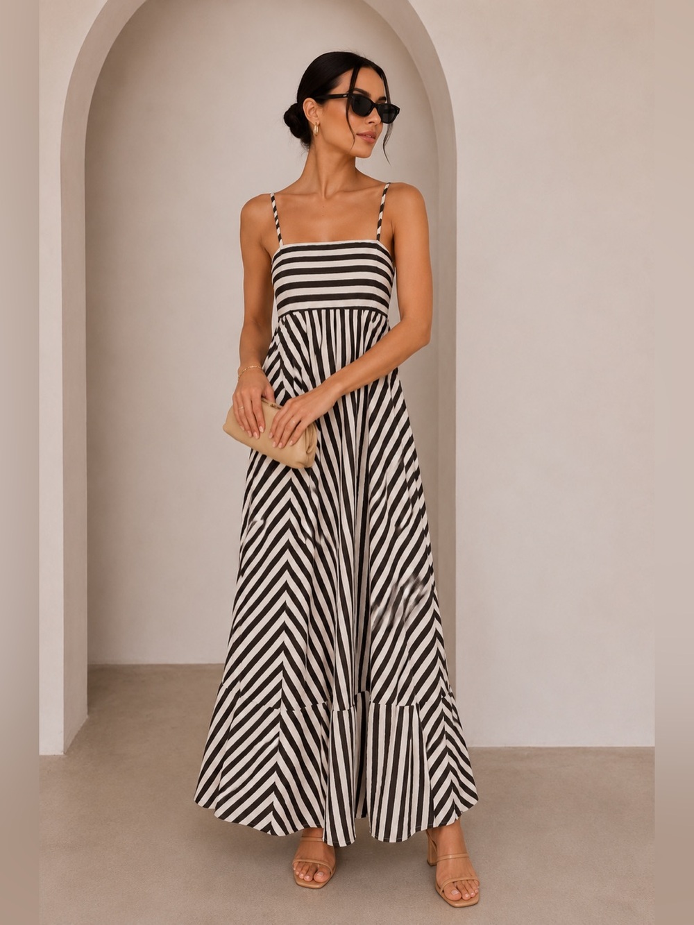 Commense Black & White Striped Spaghetti-Strap Maxi Dress
